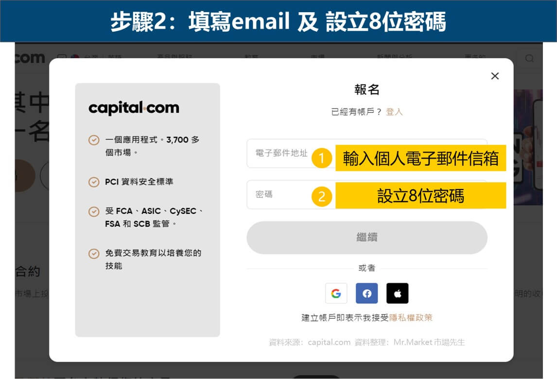 Capital.com開戶步驟2：填寫mail設密碼