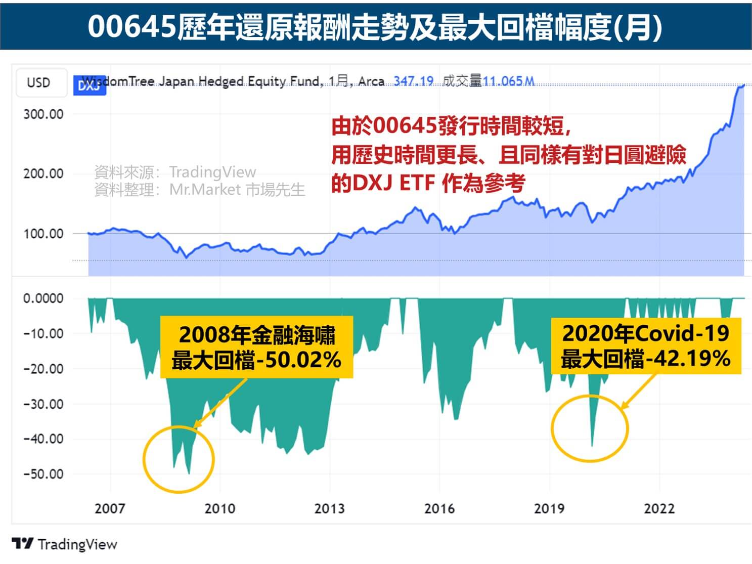 00645歷年還原報酬走勢及最大回檔幅度(月)