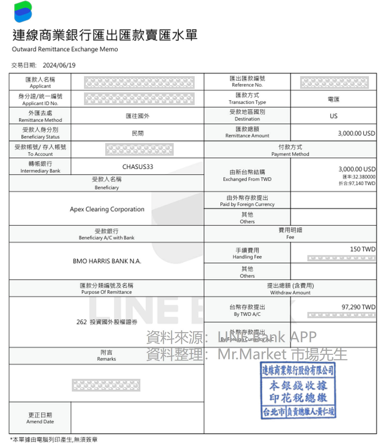 LINE Bank 匯款水單