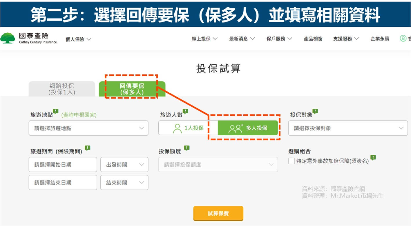 國泰產險旅遊險線上投保步驟二