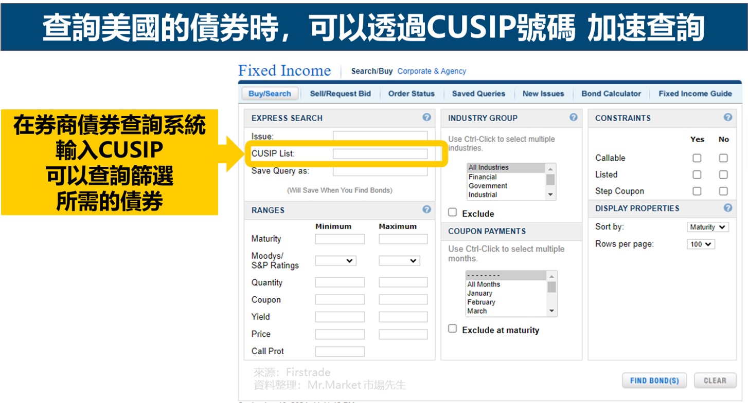 查詢美國的債券時，可以透過CUSIP號碼 加速查詢
