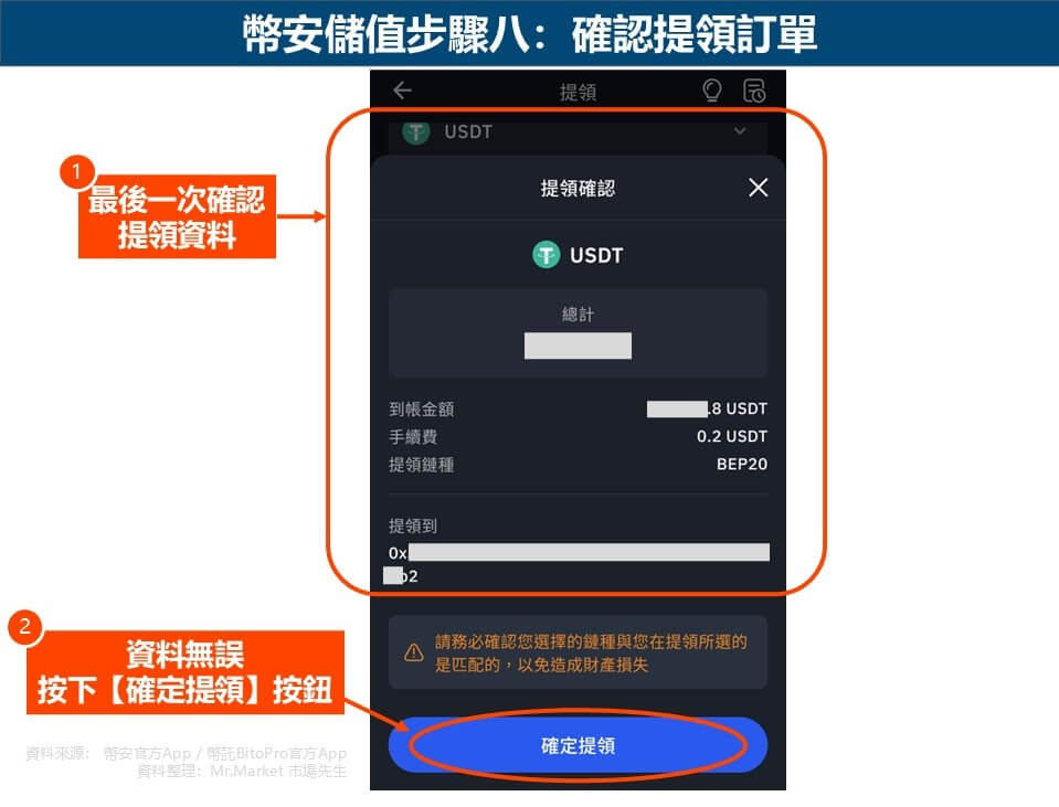 幣安儲值步驟八：確認提領訂單