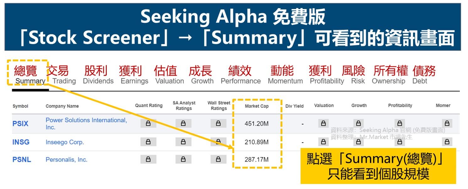 seeking alpha 免費版-股票篩選功能畫面1