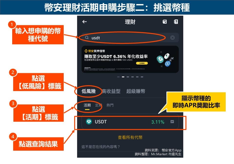 幣安理財活期申購步驟二：挑選幣種