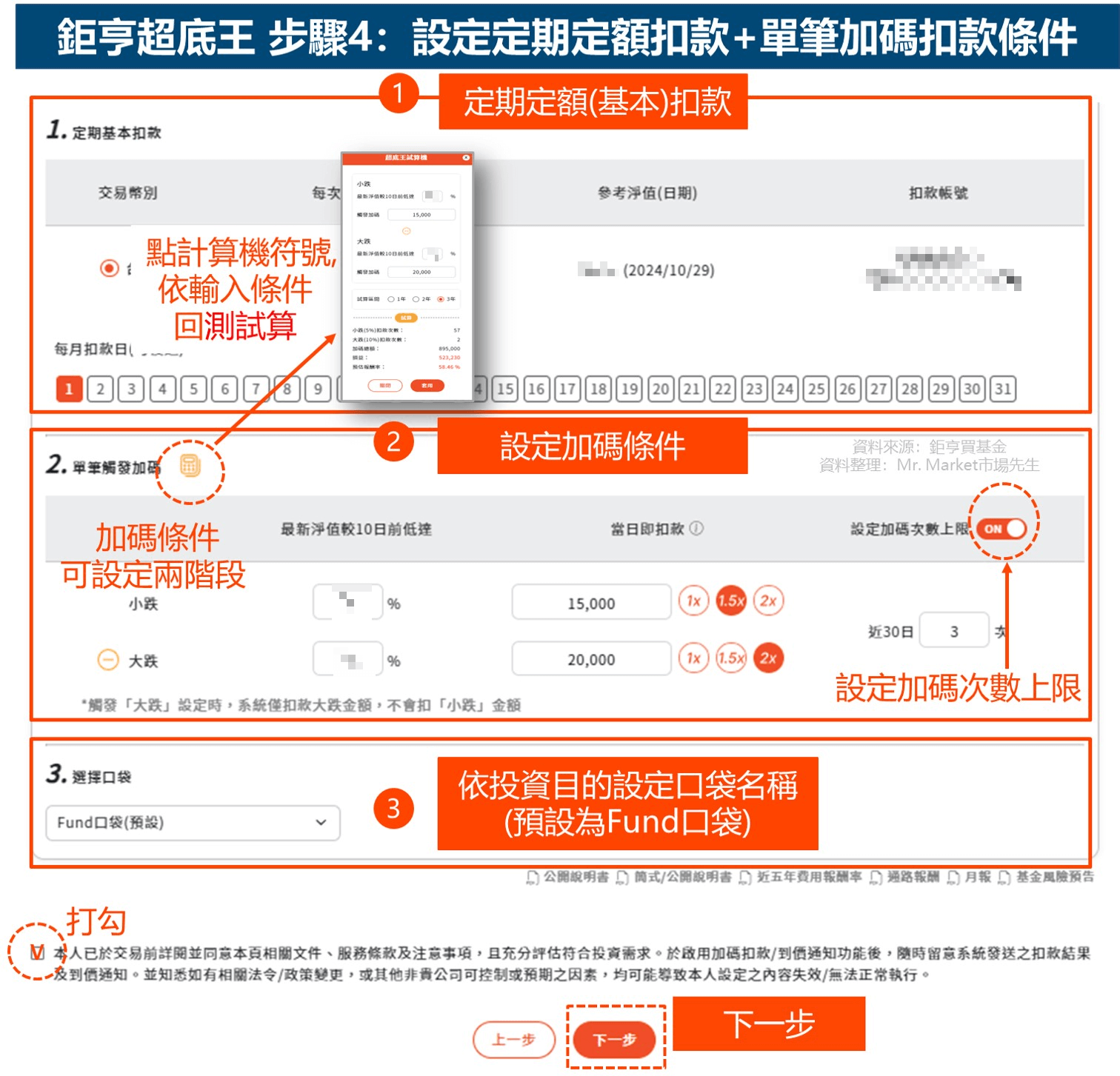 鉅亨超底王 步驟4：設定定期定額扣款+單筆加碼扣款條件